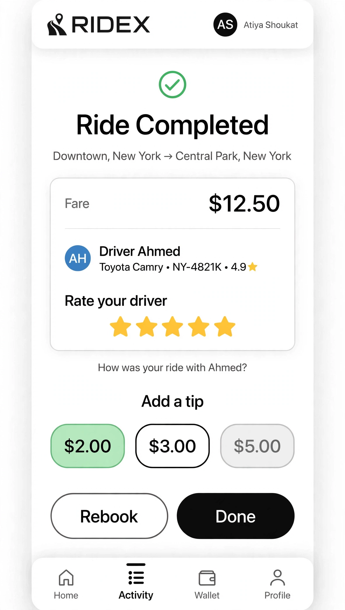 Trip Completion & Tipping Screen